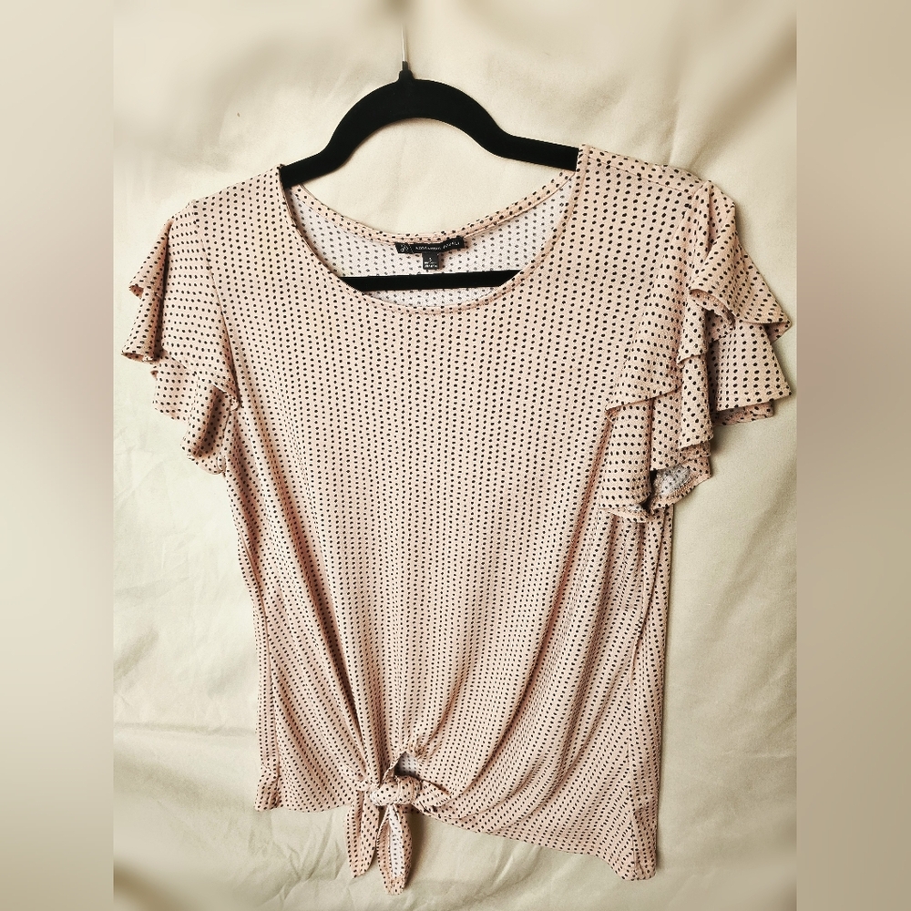 Adrianna Papell Tie Front Ruffle Sleeve Polka Dot Blouse - Dusty Pink/Black